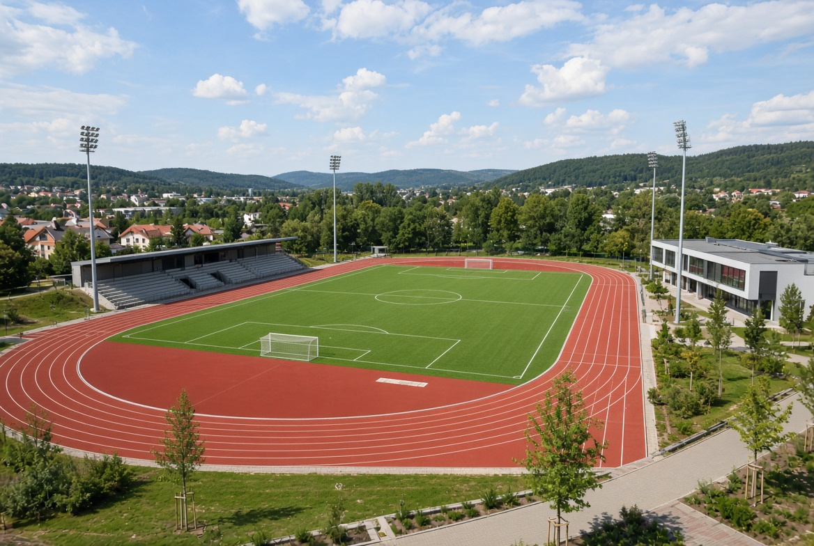 Návrh sportovního areálu s atletickým oválem, hřištěm a zázemím