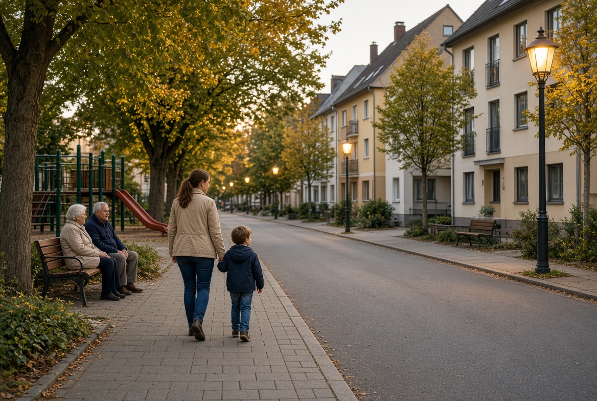 Osvětlená ulice, kde se bezpečně pohybují děti, rodiny i senioři