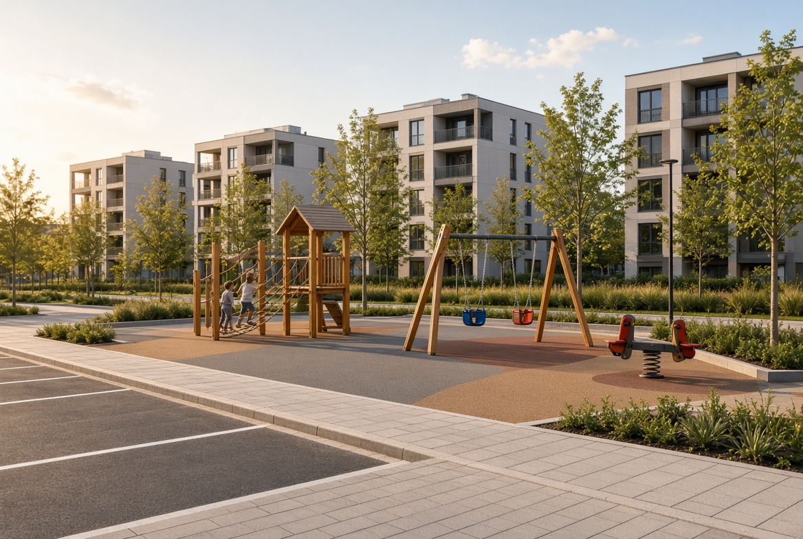 Nové dětské hřiště s upravenými chodníky a parkovacími stáními