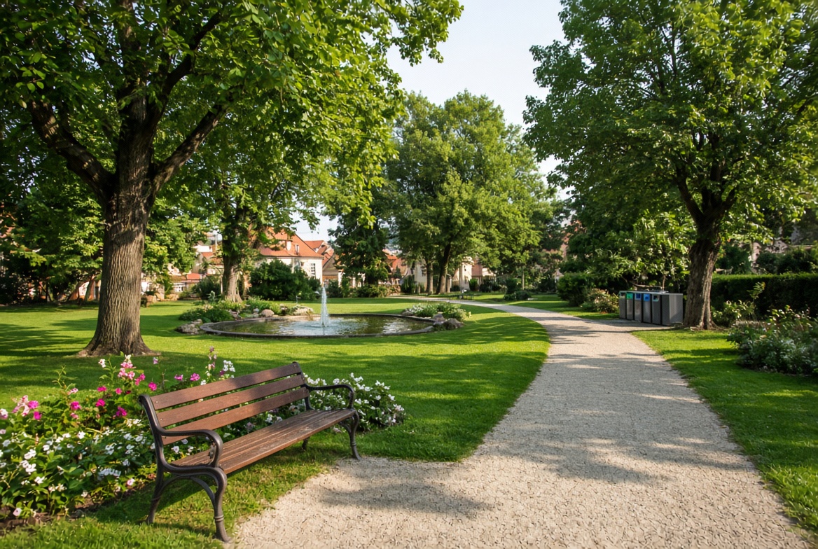Udržovaný městský park se zelení, vodou a tříděním odpadu