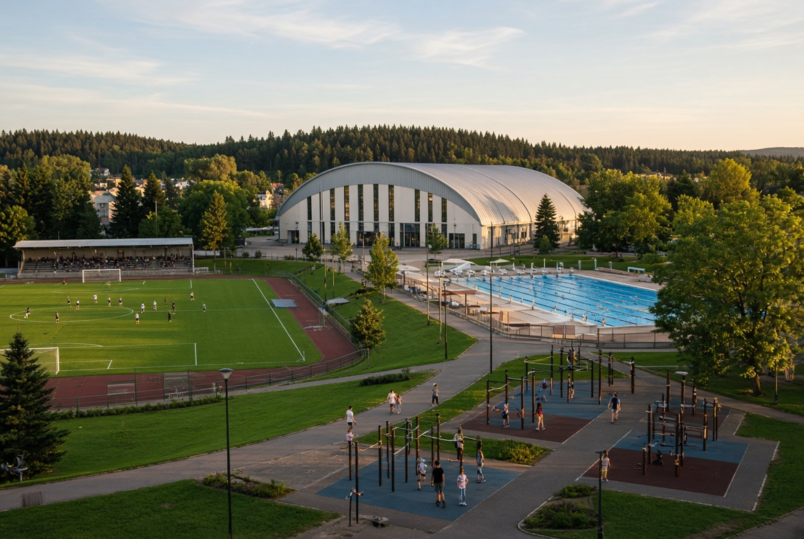 Propojená sportoviště — stadion, hala, bazén a workoutová hřiště
