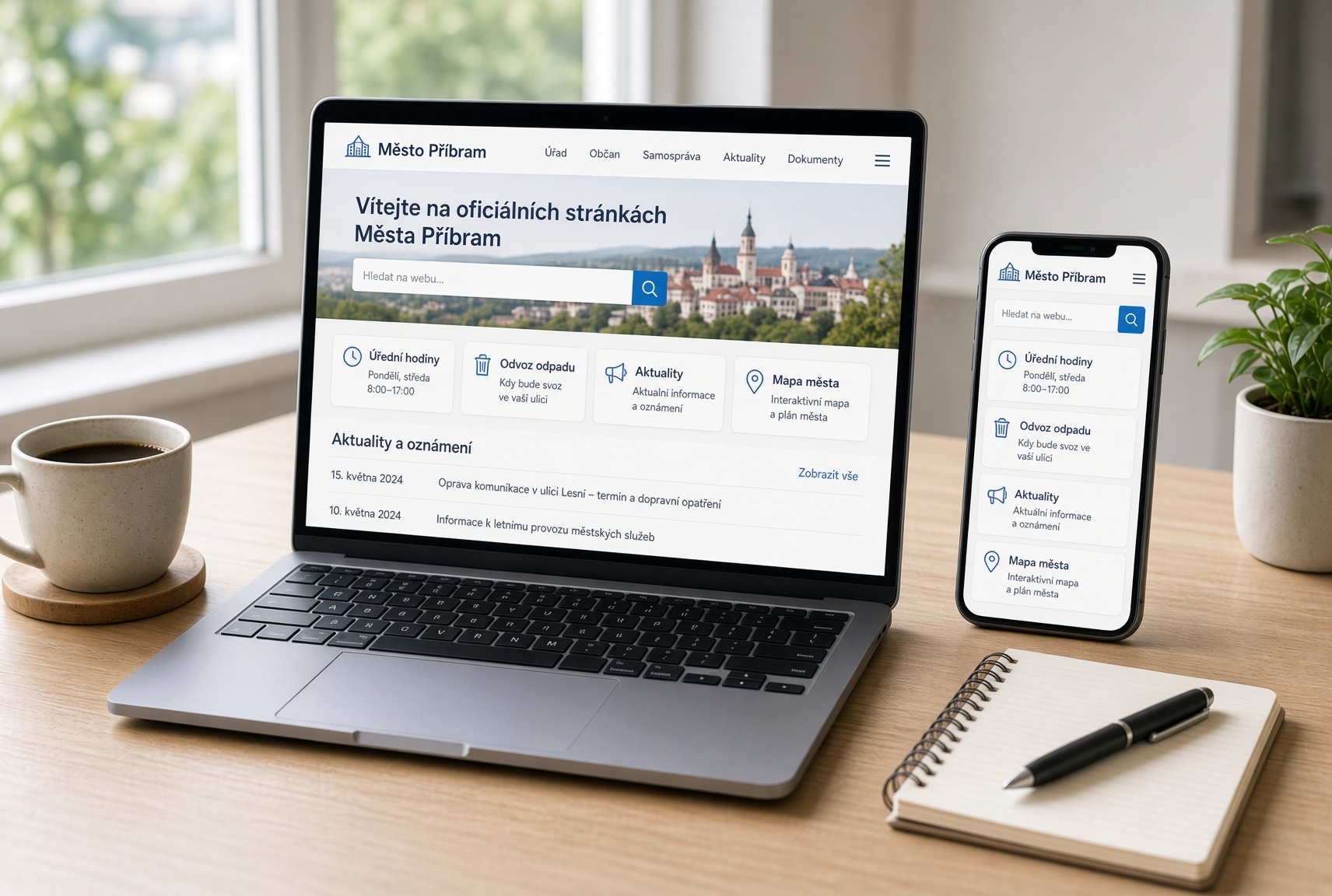 Moderní přehledný městský web na počítači i v mobilu